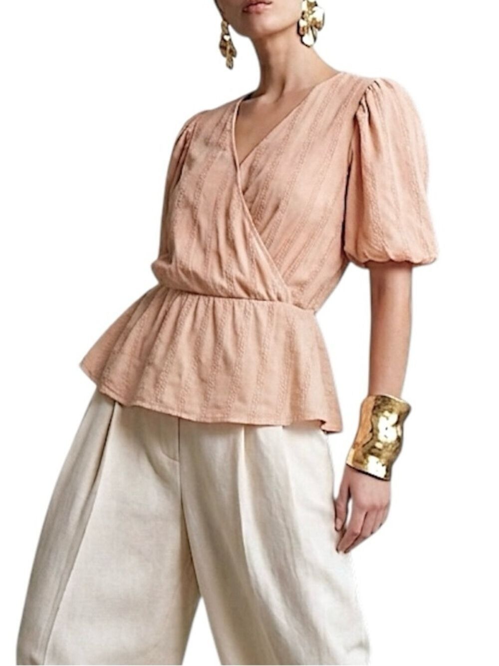 Promod France putty muted coral chiffon old money peplum puff sleeve blouse 2